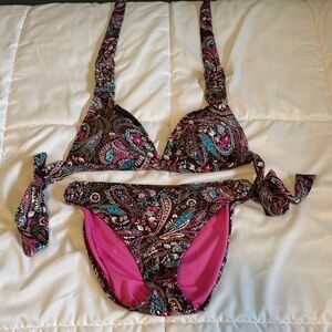 Lucky Brand Paisley Tie Bikini Set in Brown, Pink and Turquoise